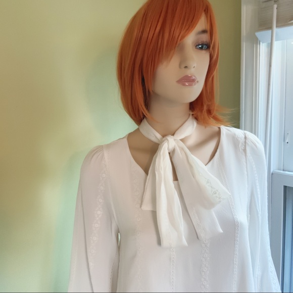 SALE Honey Punch Delicate White Eyelet Short Dress Long Sleeves Bow Tie Sash SML - Picture 6 of 16